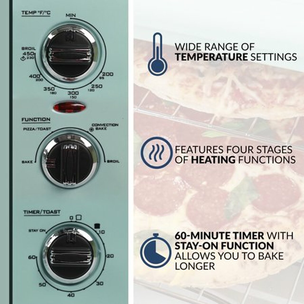 Nostalgia RTOV2AQ Large-Capacity 0.7-Cu. Ft. Capacity Multi-Functioning Retro Convection Toaster Oven, Aqua