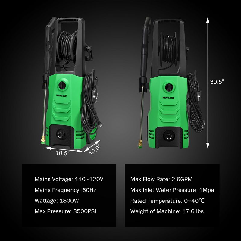 IronMax 3500PSI Electric Pressure Washer 2.6GPM 1800W w/ 4 Nozzles & Foam Lance Orange Green