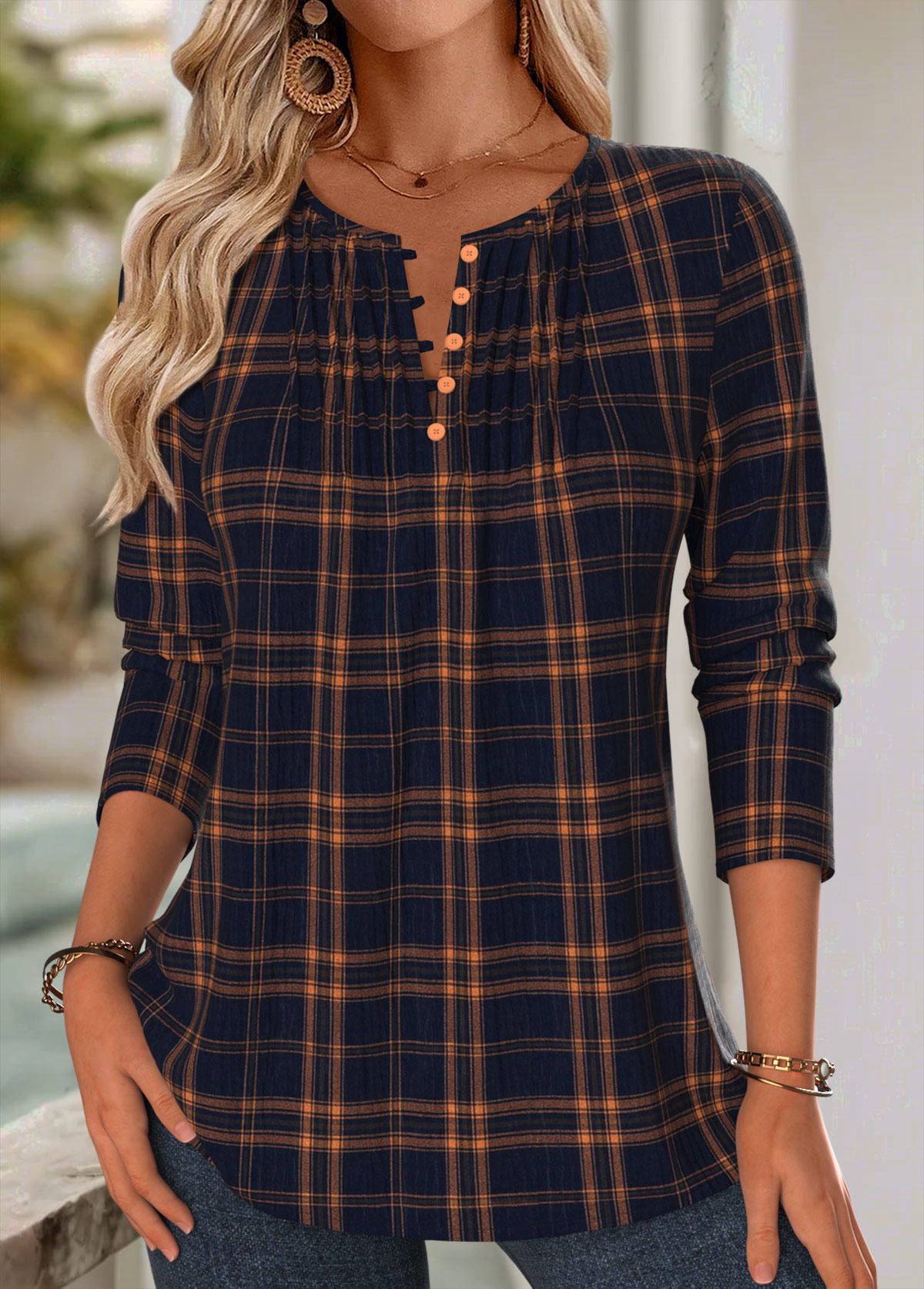 Navy Tuck Stitch Plaid Long Sleeve Split Neck Blouse