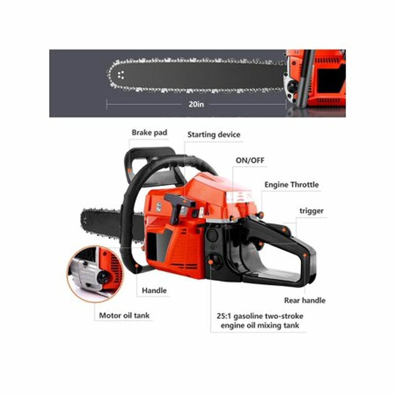20' Bar 62CC Powerful Gas Chainsaw 2 Stroke Handed Petrol Chain Saw Woodcutting Saw with Tool Kit