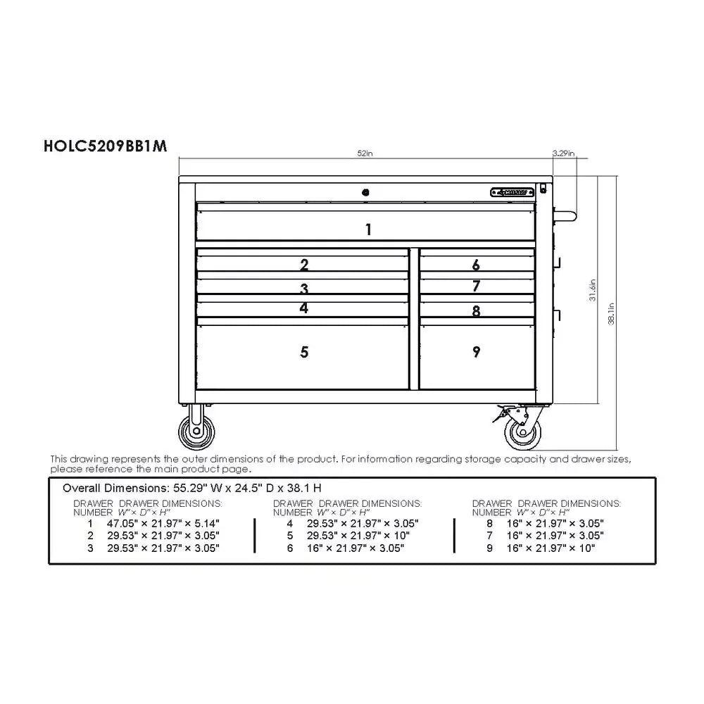 52 in. 9-Drawer Mobile Workbench with Adjustable-Height Solid Wood Top in Matte Blue