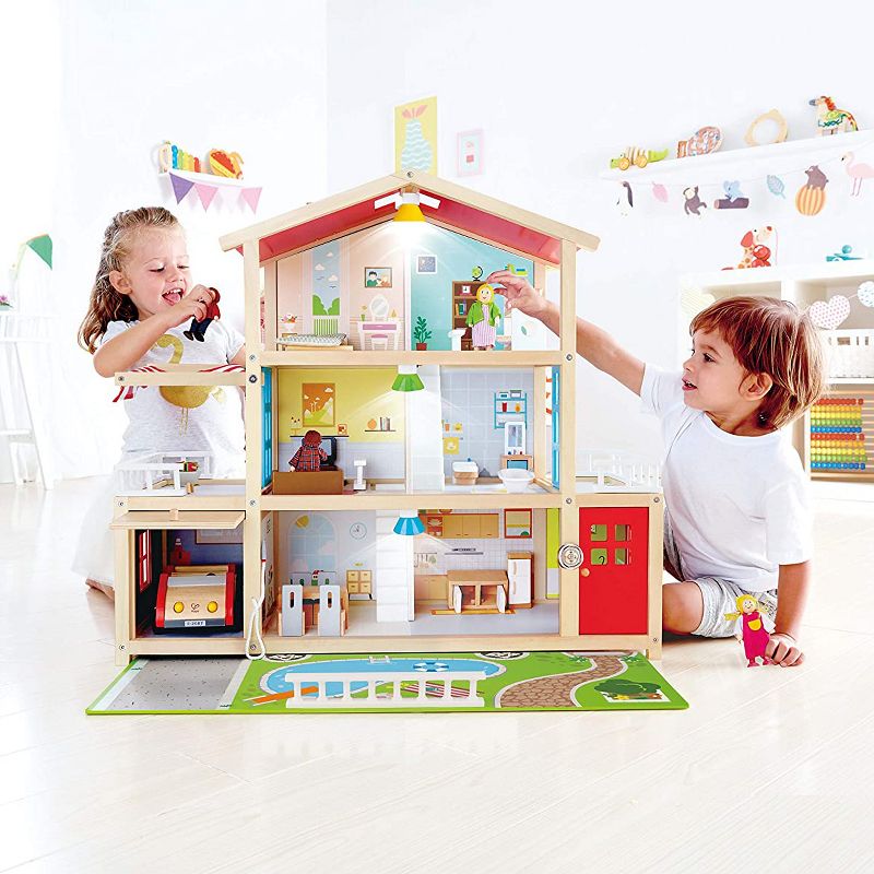 Hape Wooden 10 Room Extravagant Family Play Mansion Doll House Set with 4 Dolls, Doorbell, LED Lights and Furniture Accessories for Ages 3 and Up
