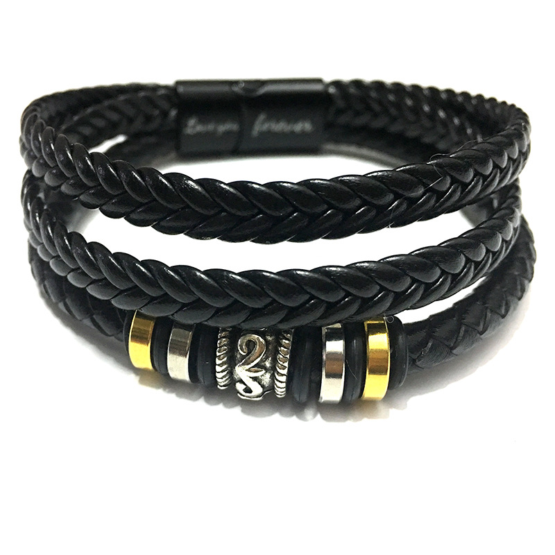 皮革手工编制手镯牛皮编织多层男士皮手链复古合金手镯源头厂家