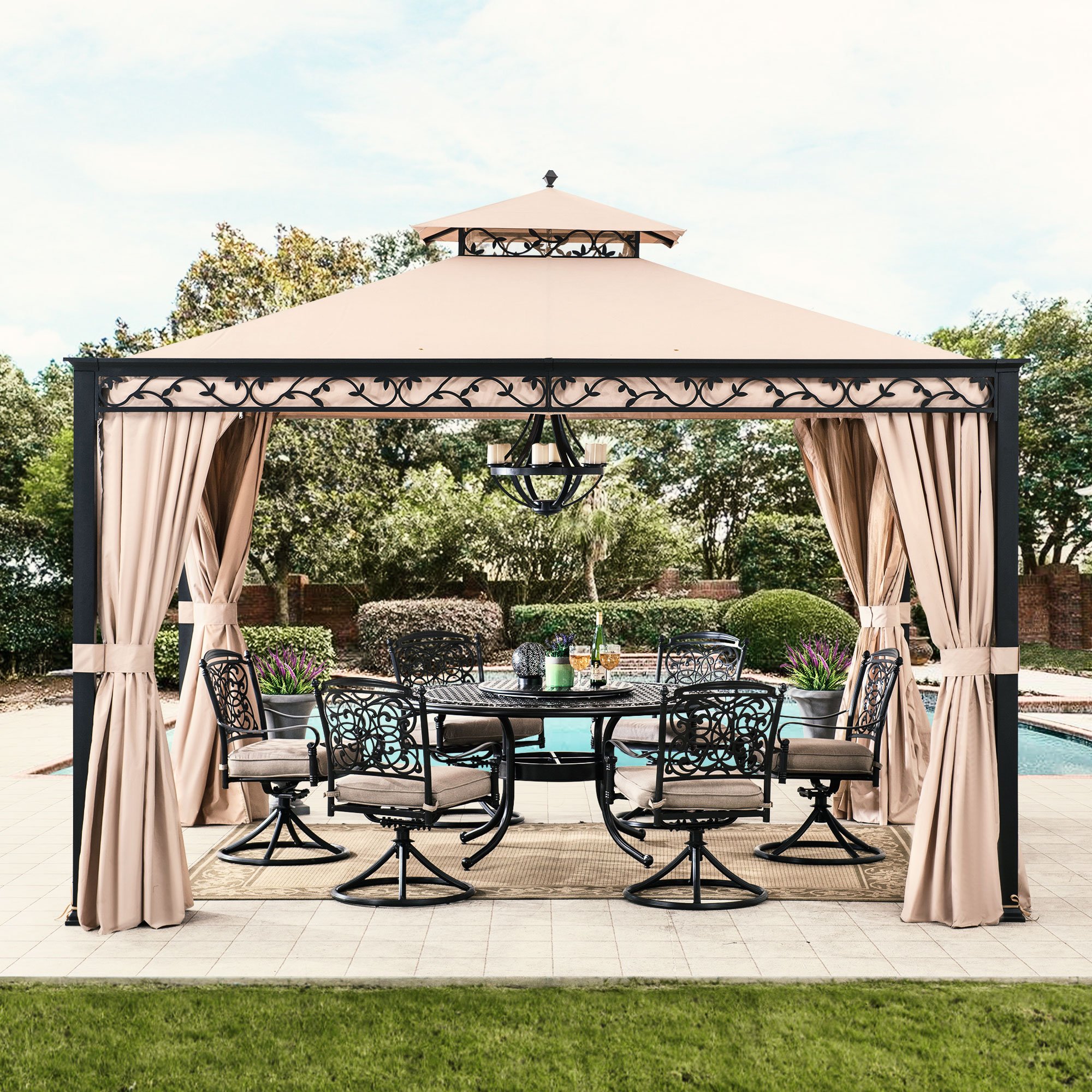 Sunjoy 10 ft. x 12 ft. Soft Top Steel Gazebo with Mosquito Netting and Curtains