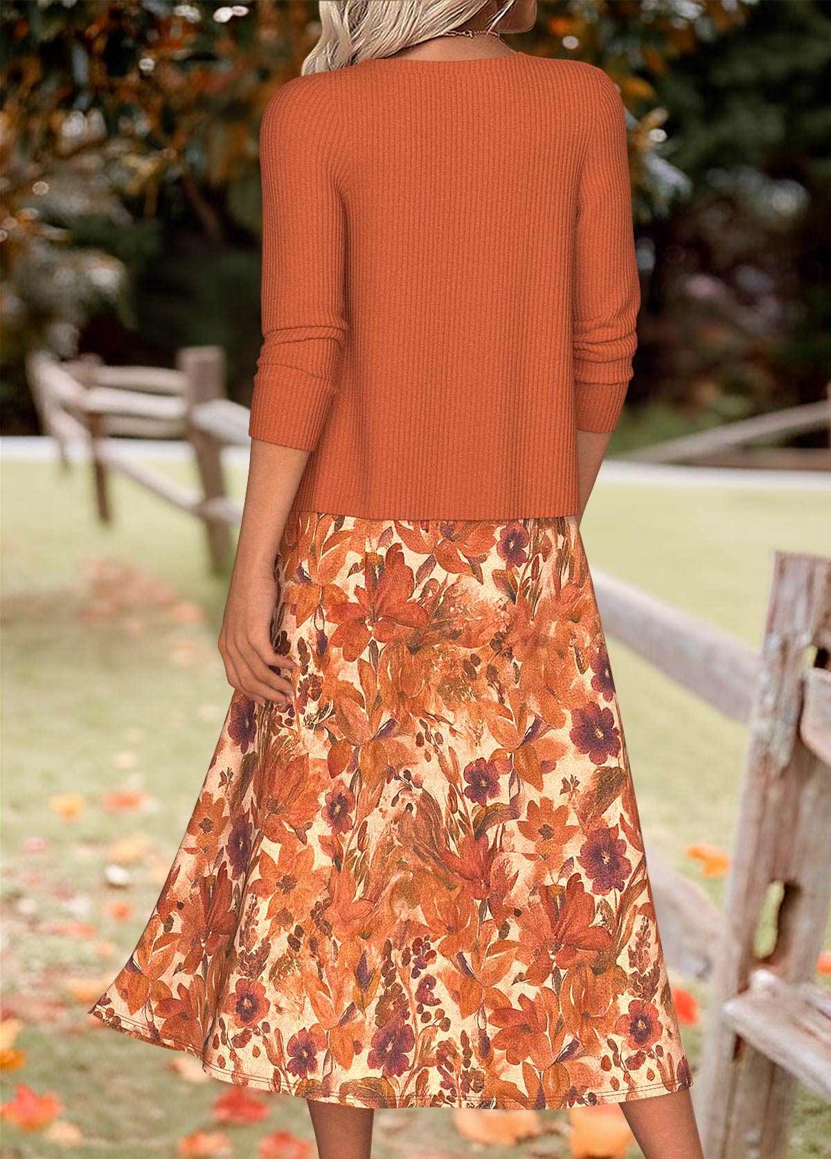 Orange Tummy Coverage Random Floral Print Dress and Cardigan
