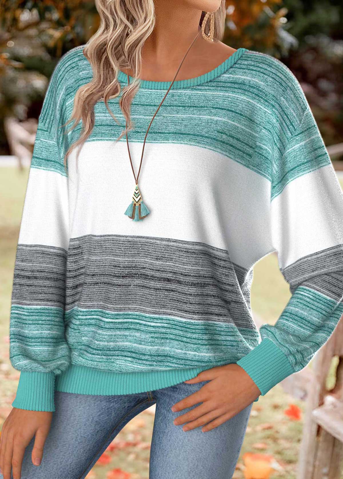 Mint Green Tummy Coverage Striped Long Sleeve T Shirt