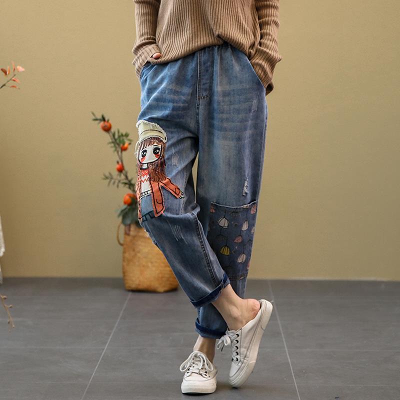 【现货】卡通女孩贴布刺绣牛仔裤女宽松大码大口袋松紧腰哈伦裤