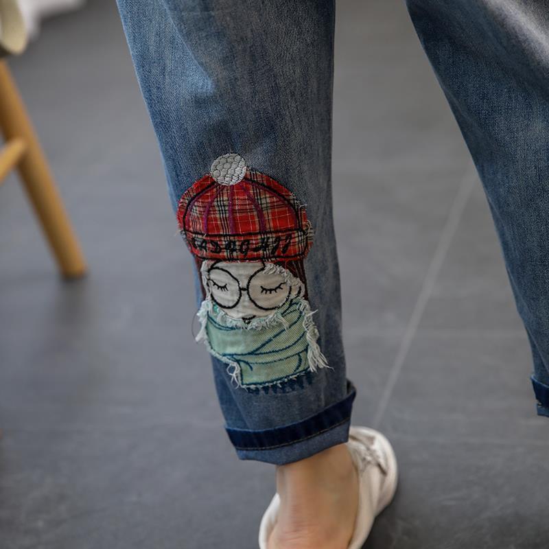 【现货】卡通女孩贴布刺绣牛仔裤女宽松大码大口袋松紧腰哈伦裤