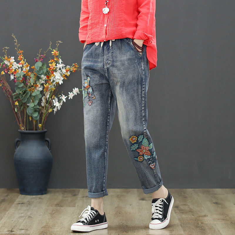 【现货】卡通女孩贴布刺绣牛仔裤女宽松大码大口袋松紧腰哈伦裤
