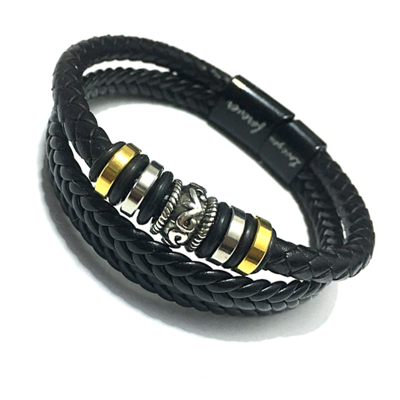 皮革手工编制手镯牛皮编织多层男士皮手链复古合金手镯源头厂家