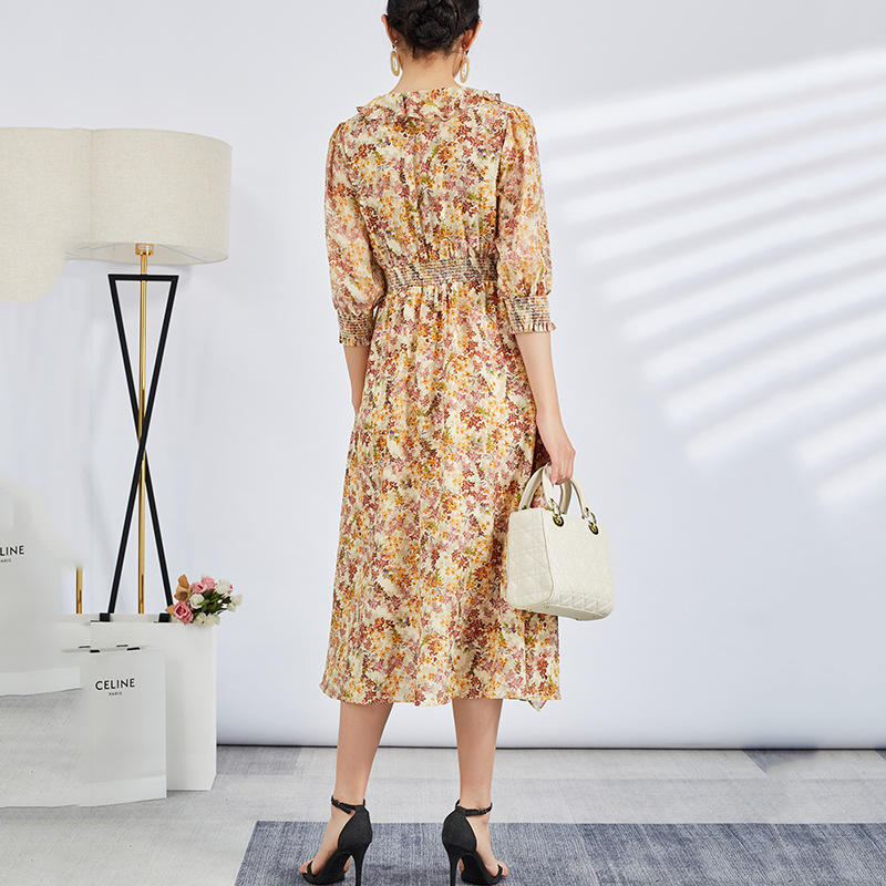 03双绉真丝连衣裙2022春夏新款v领碎花减龄荷叶边桑蚕丝大摆裙子